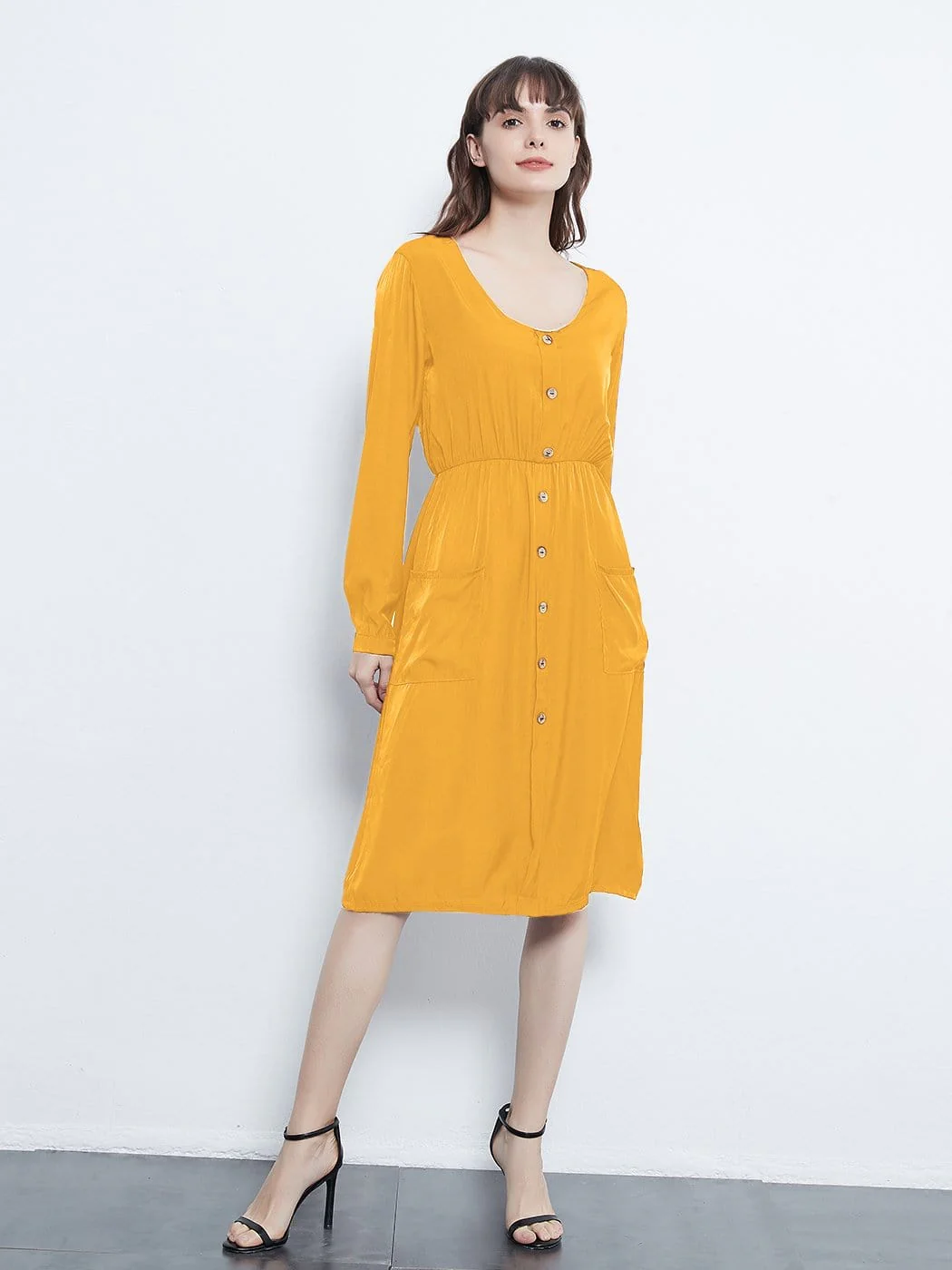 Long Sleeve Round Neck Button Dress With Pockets - Image 10