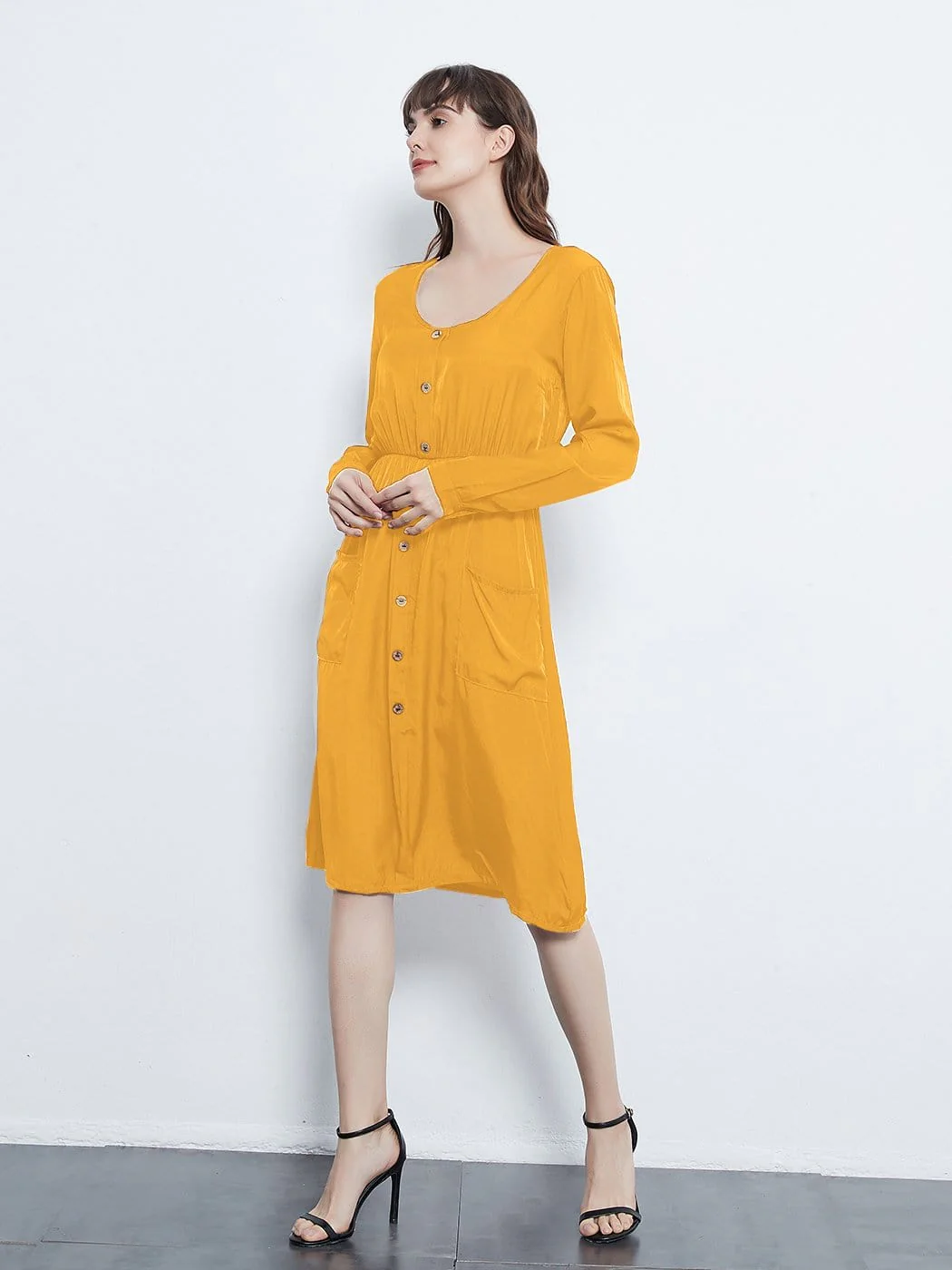 Long Sleeve Round Neck Button Dress With Pockets - Image 11