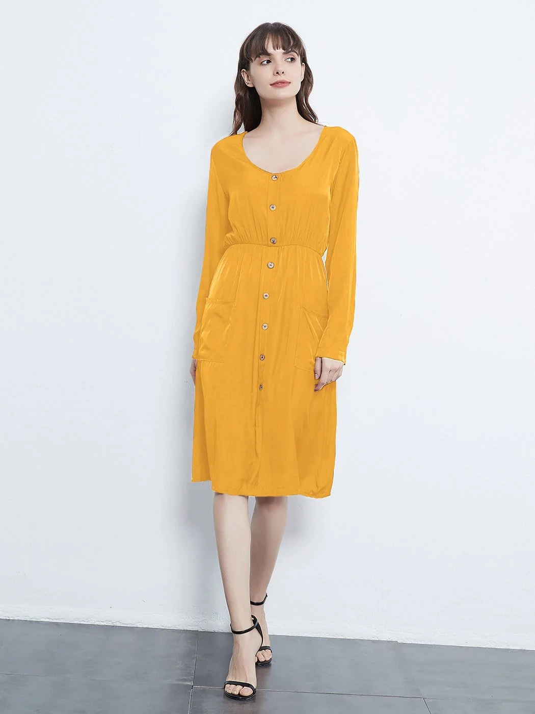 Long Sleeve Round Neck Button Dress With Pockets - Image 12