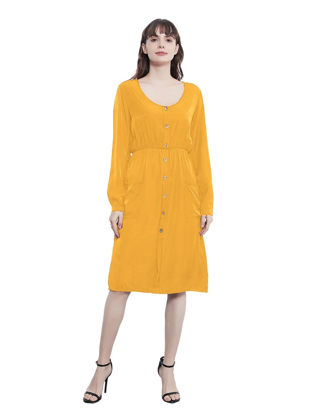 Long Sleeve Round Neck Button Dress With Pockets - Image 13