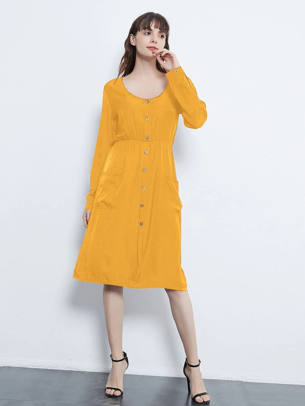 Long Sleeve Round Neck Button Dress With Pockets - Image 14