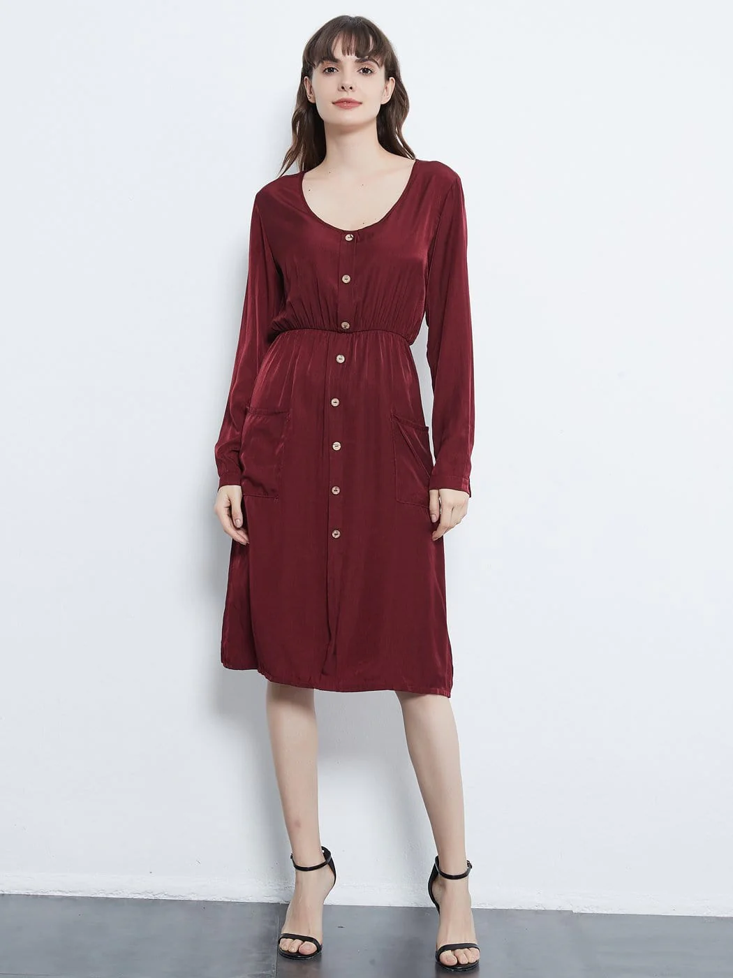 Long Sleeve Round Neck Button Dress With Pockets - Image 3