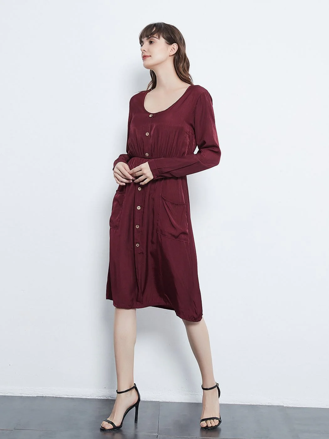 Long Sleeve Round Neck Button Dress With Pockets - Image 4