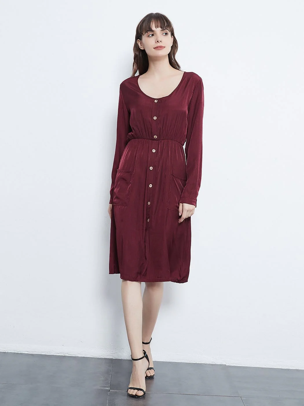 Long Sleeve Round Neck Button Dress With Pockets - Image 5