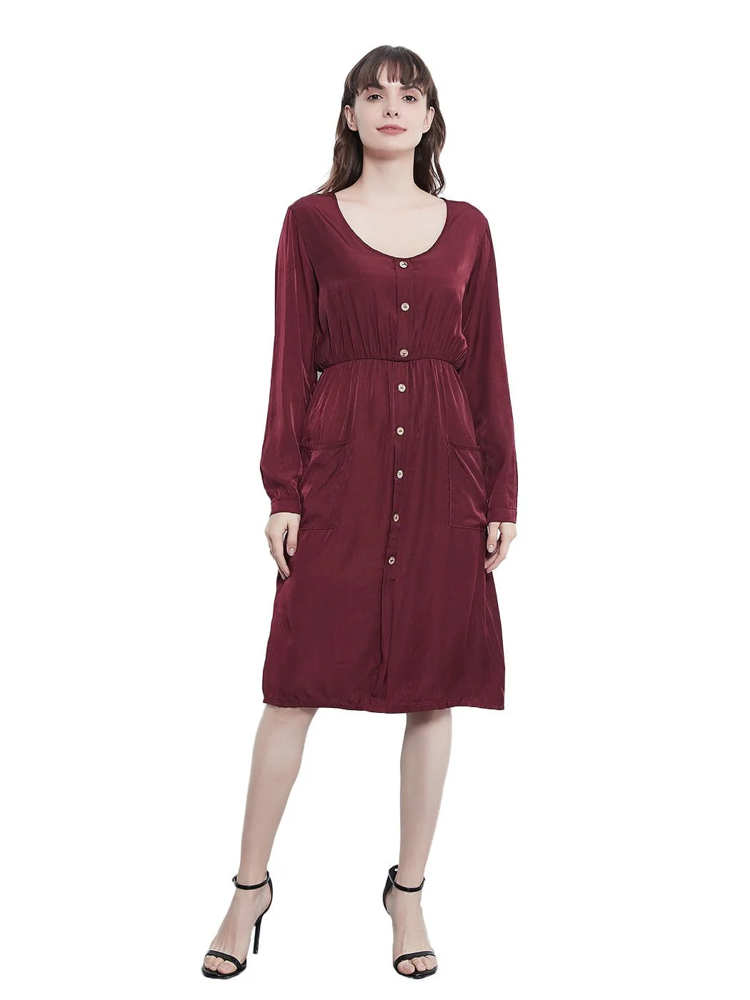 Long Sleeve Round Neck Button Dress With Pockets - Image 6