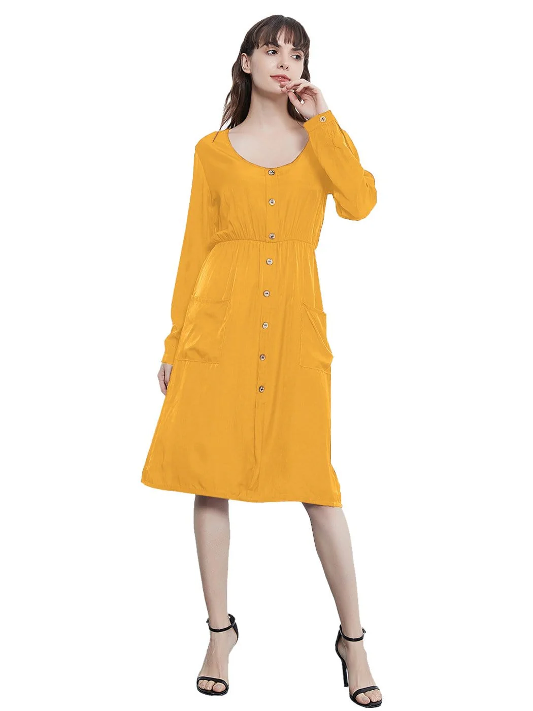 Long Sleeve Round Neck Button Dress With Pockets - Image 8