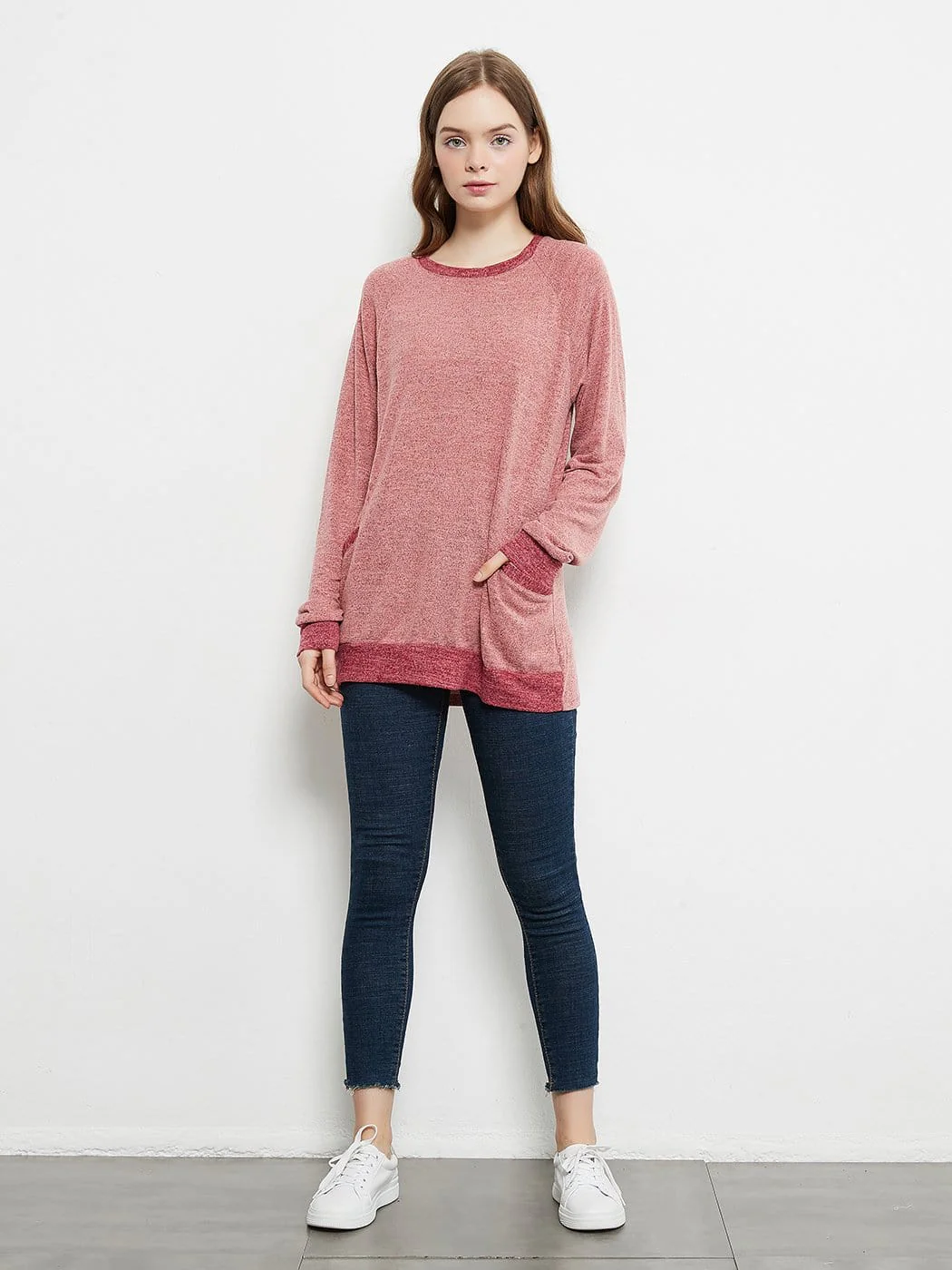 Long Sleeve Round Neck Casual T Shirts Blouses Sweatshirts Tunic Tops with Pocket - Image 4