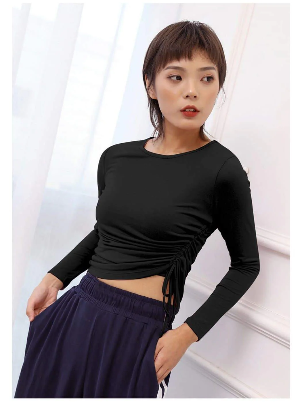 Long Sleeve Side Gathered Cinched Top - Image 3