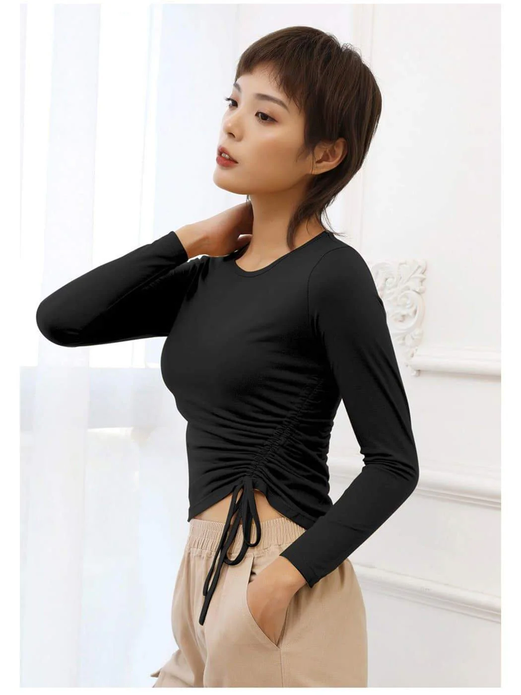 Long Sleeve Side Gathered Cinched Top - Image 4