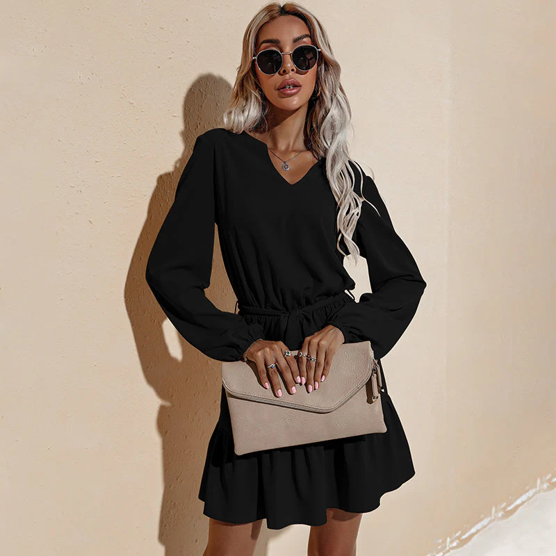 Long Sleeve Tied Waist Tunic Dress - Image 3
