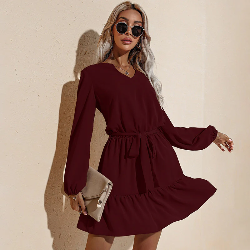 Long Sleeve Tied Waist Tunic Dress - Image 9