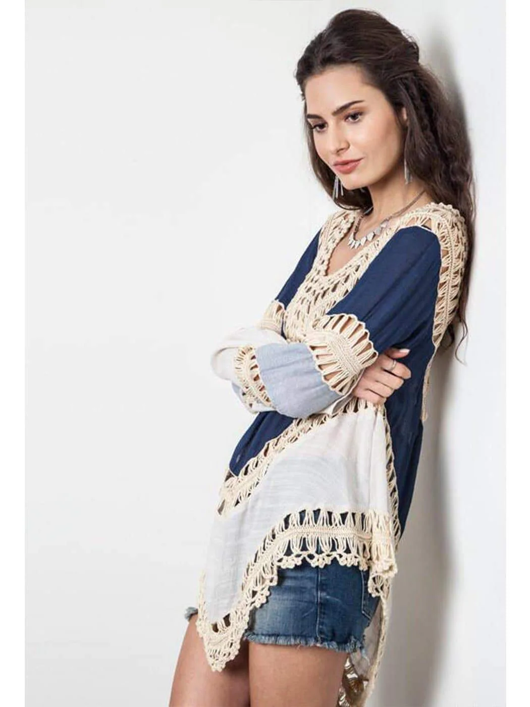 Long Sleeve V Neck Macro Macrame Beach Cover Up - Image 3