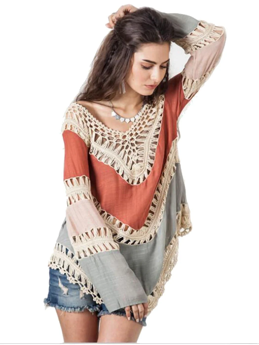 Long Sleeve V Neck Macro Macrame Beach Cover Up - Image 4