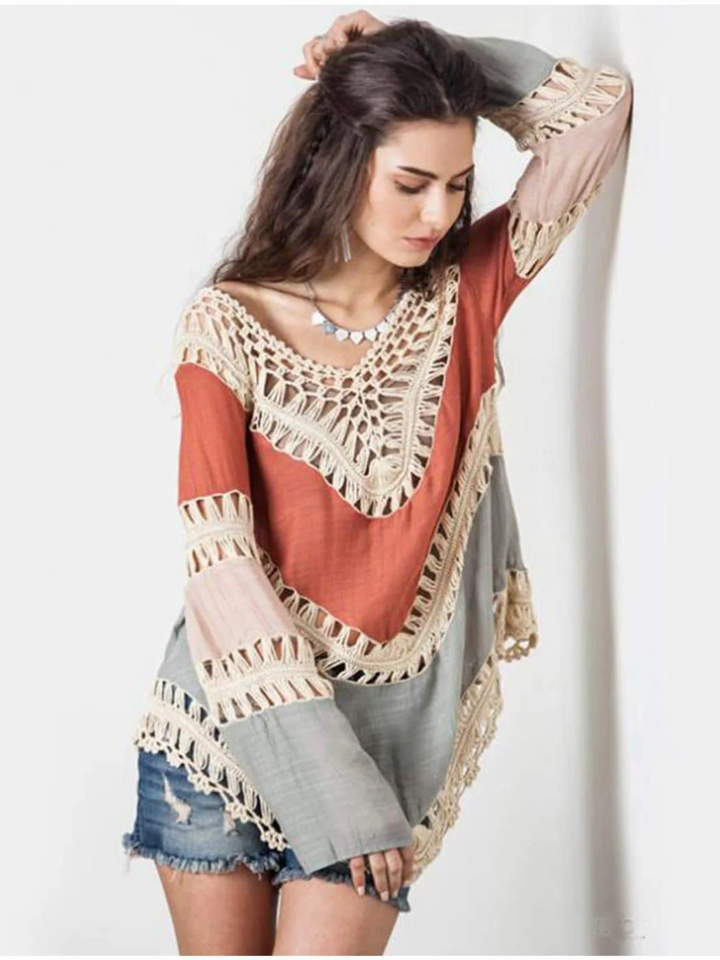 Long Sleeve V Neck Macro Macrame Beach Cover Up - Image 6
