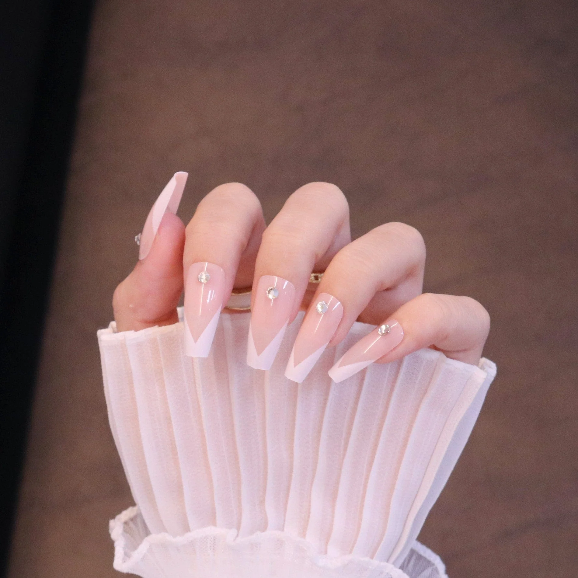 Long Square French Tip Press On Nails with Jewels - Image 10