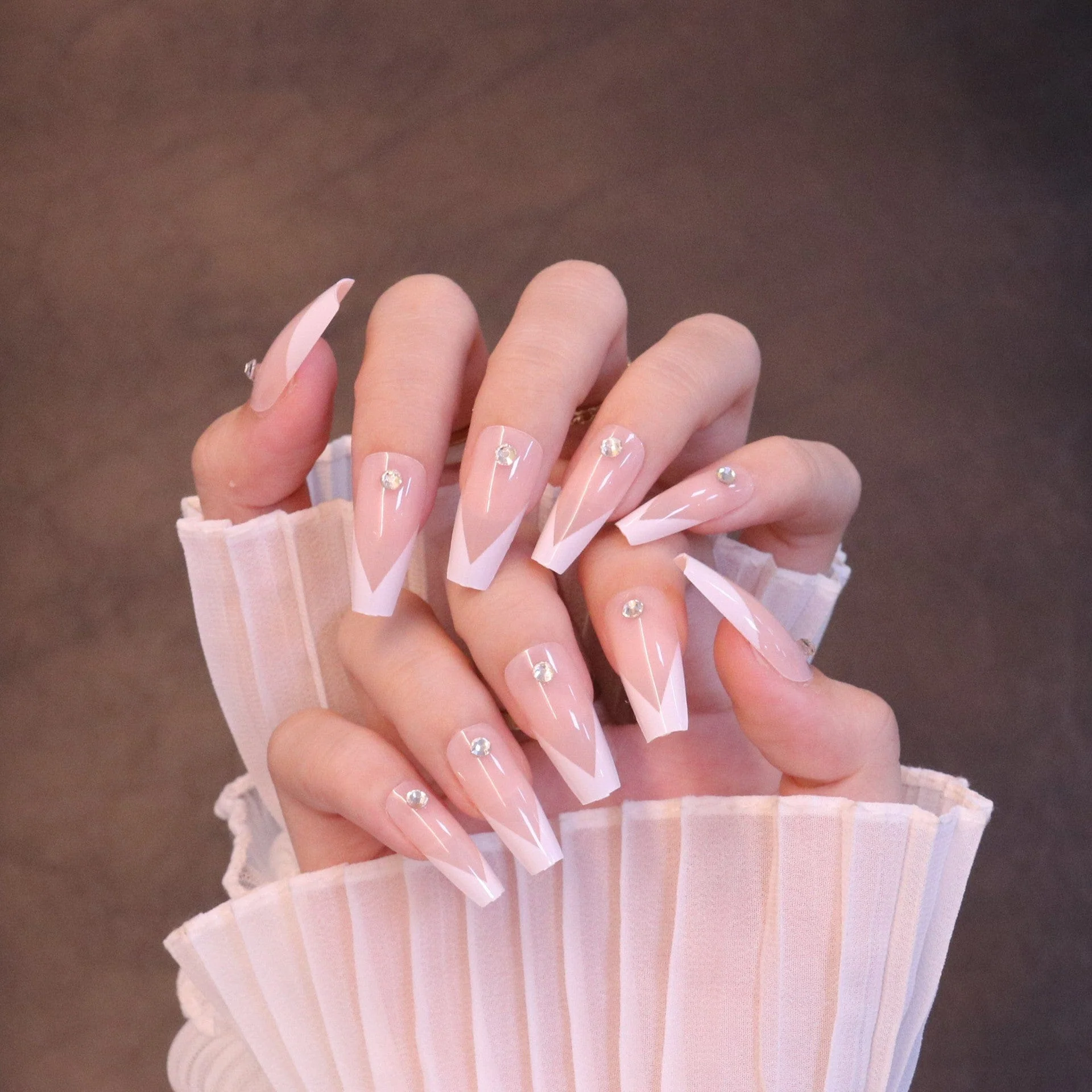 Long Square French Tip Press On Nails with Jewels - Image 2