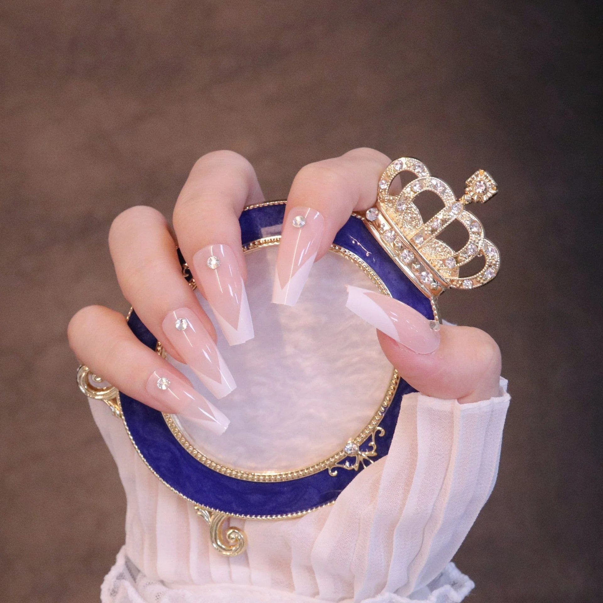 Long Square French Tip Press On Nails with Jewels - Image 4