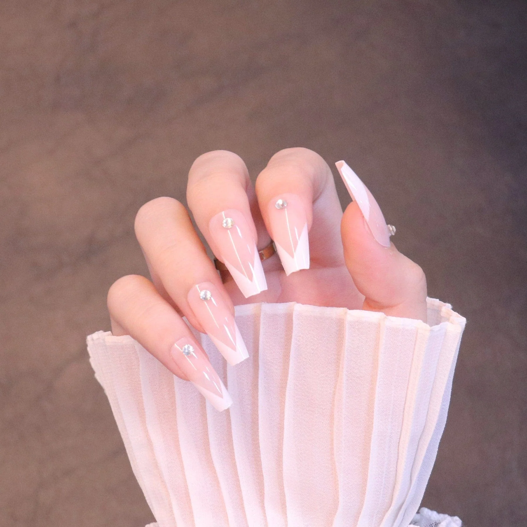Long Square French Tip Press On Nails with Jewels - Image 5