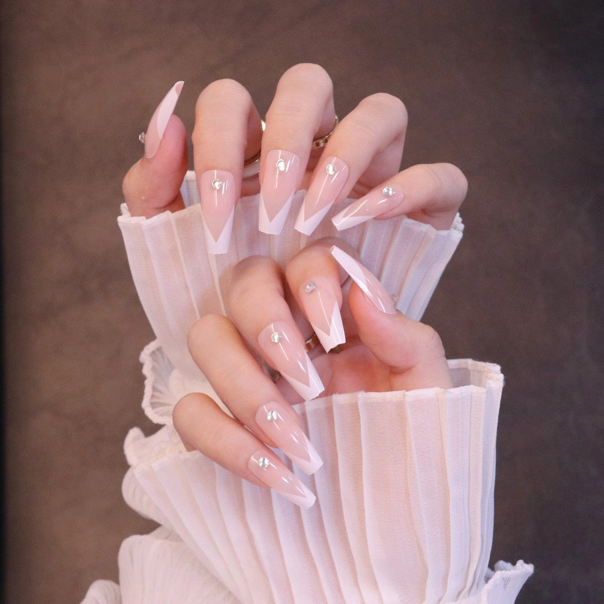 Long Square French Tip Press On Nails with Jewels - Image 7