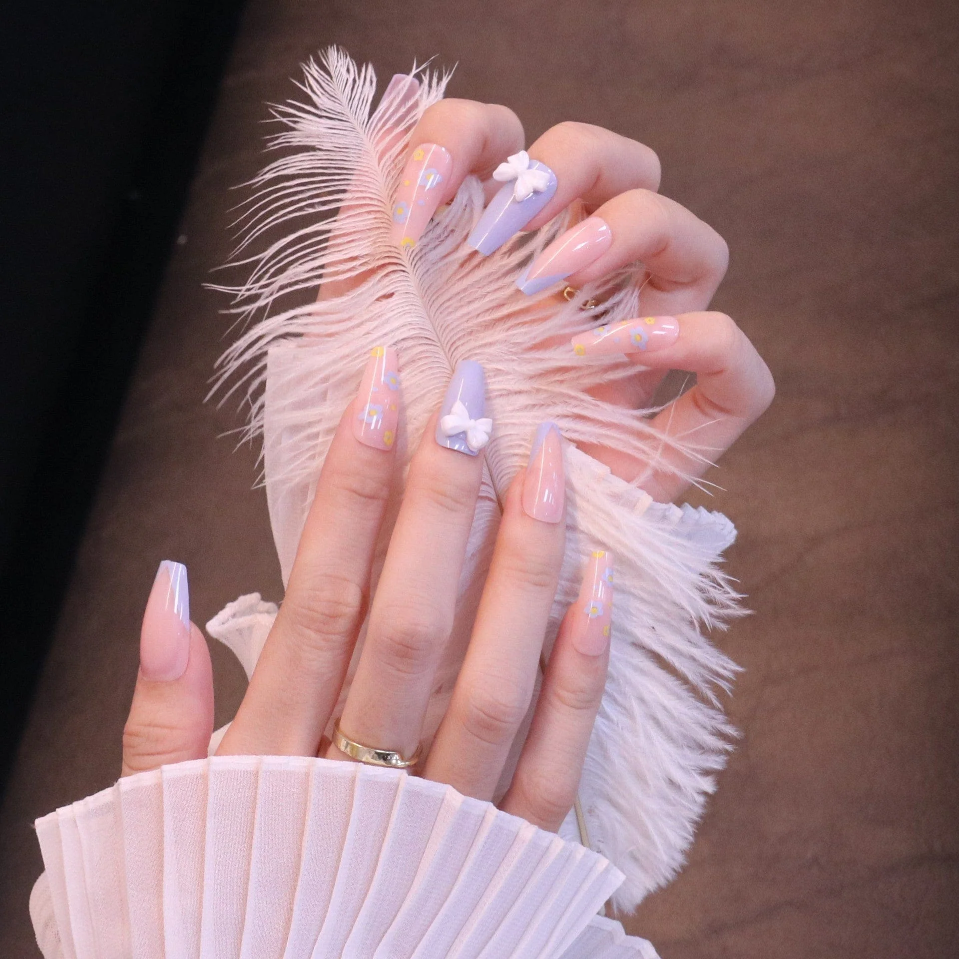Long Square Pink and Purple Press On Nails with Bow - Image 5