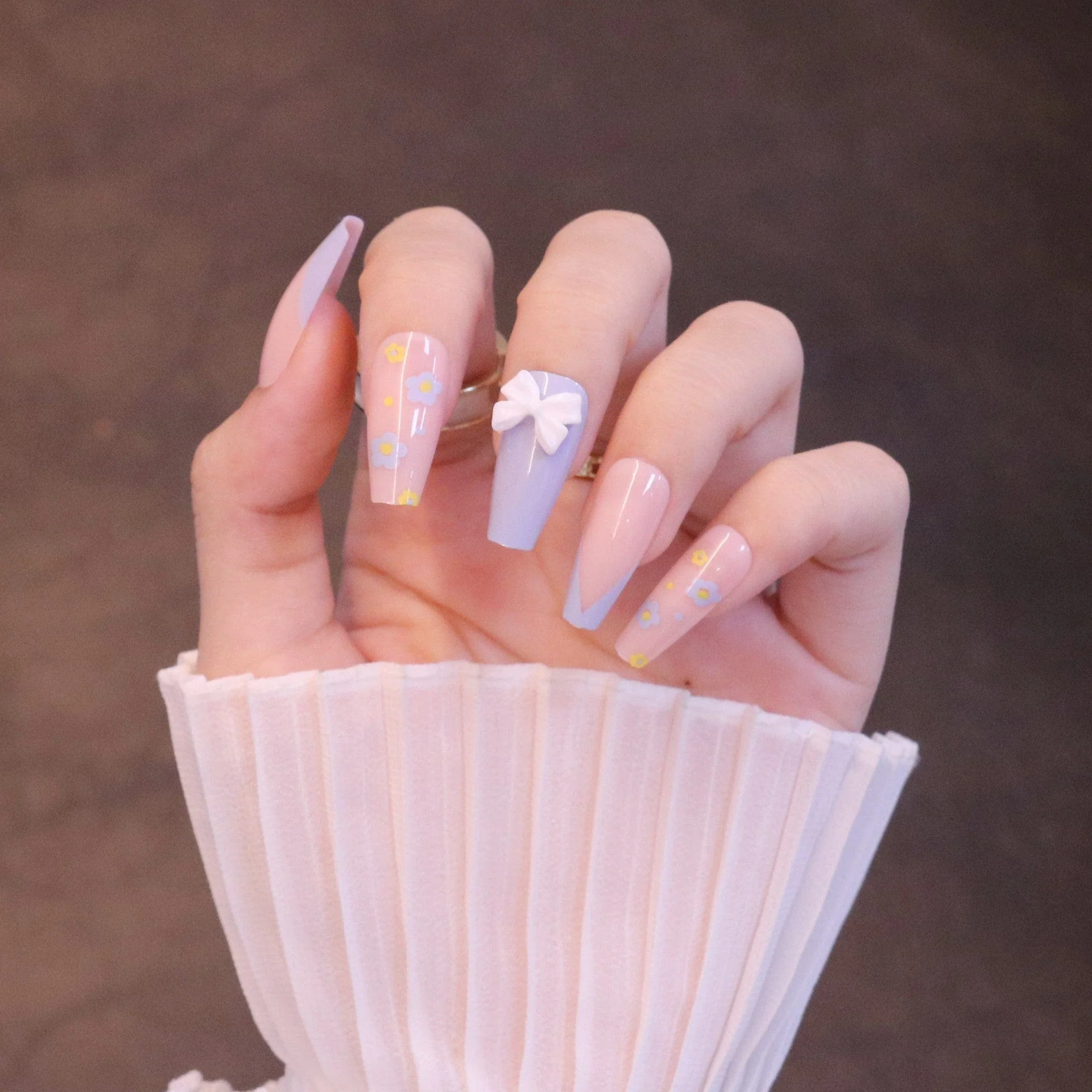 Long Square Pink and Purple Press On Nails with Bow - Image 6