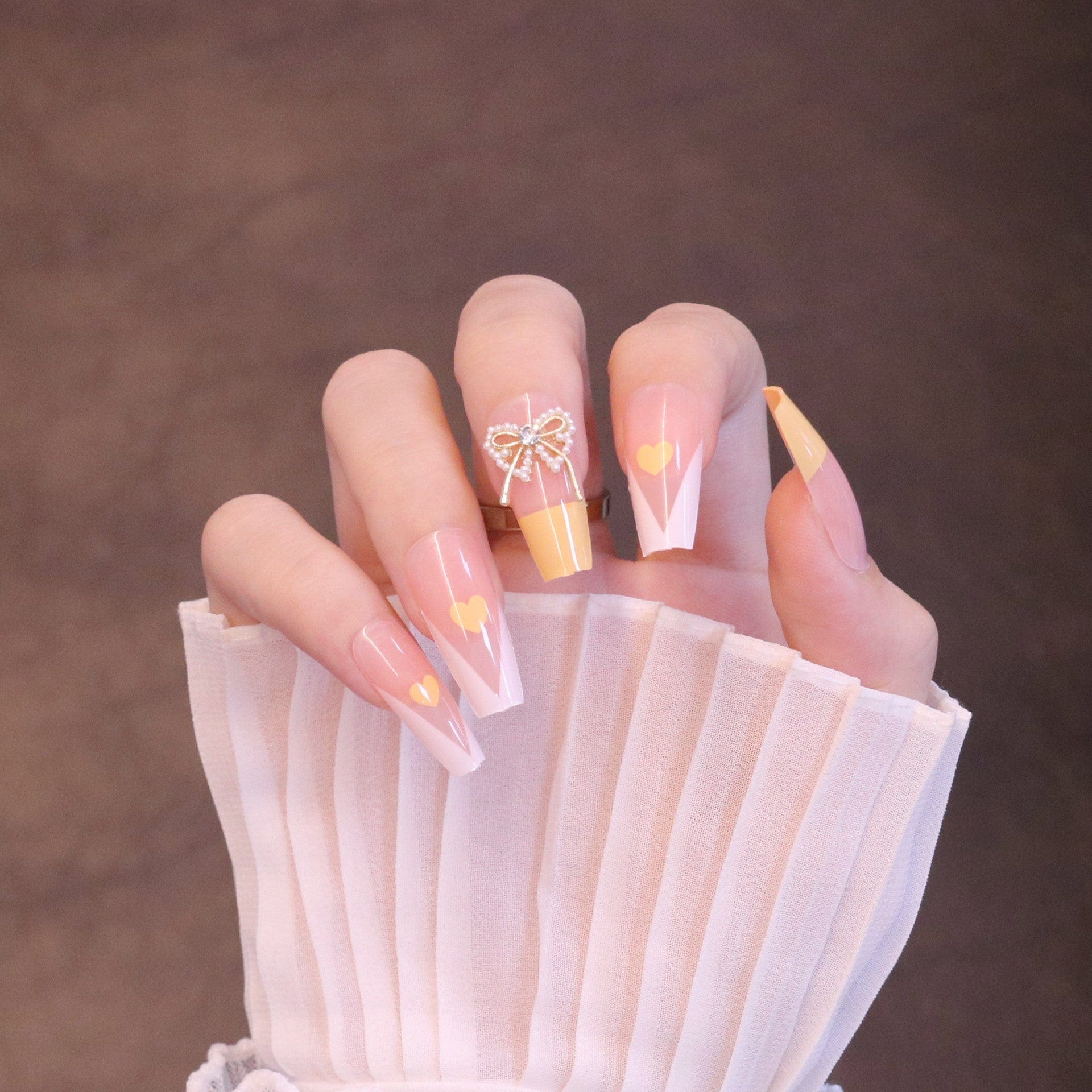 Long Square Yellow French Tip Press On Nails with Bow - Image 3