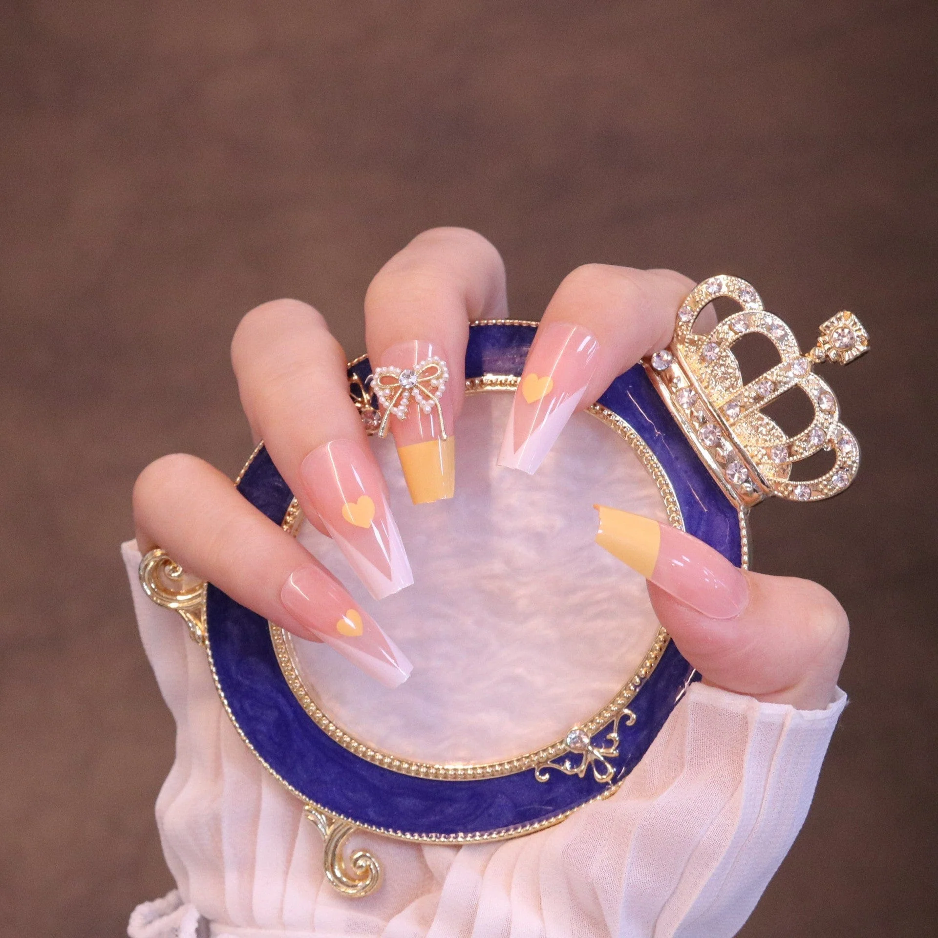 Long Square Yellow French Tip Press On Nails with Bow - Image 4