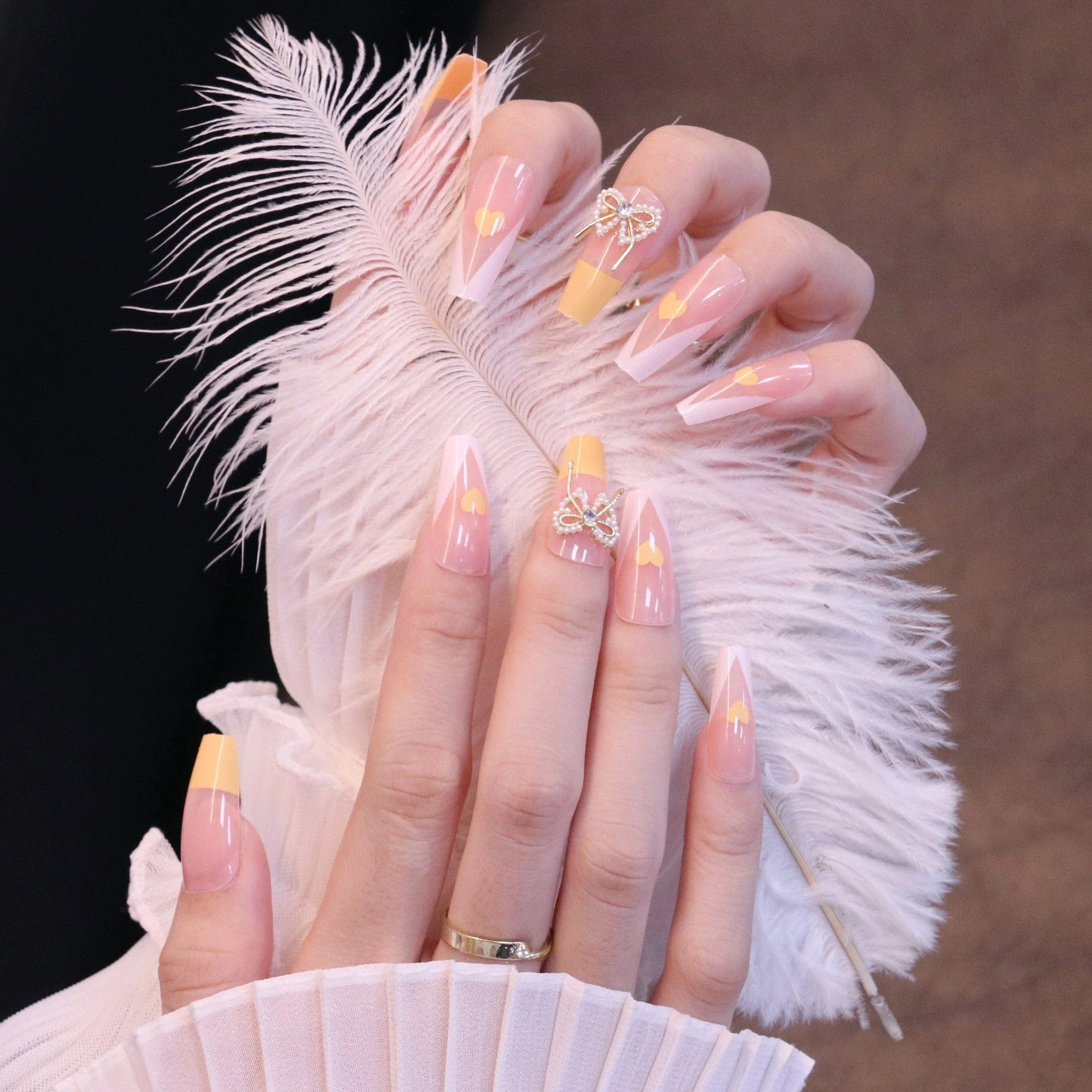 Long Square Yellow French Tip Press On Nails with Bow - Image 5