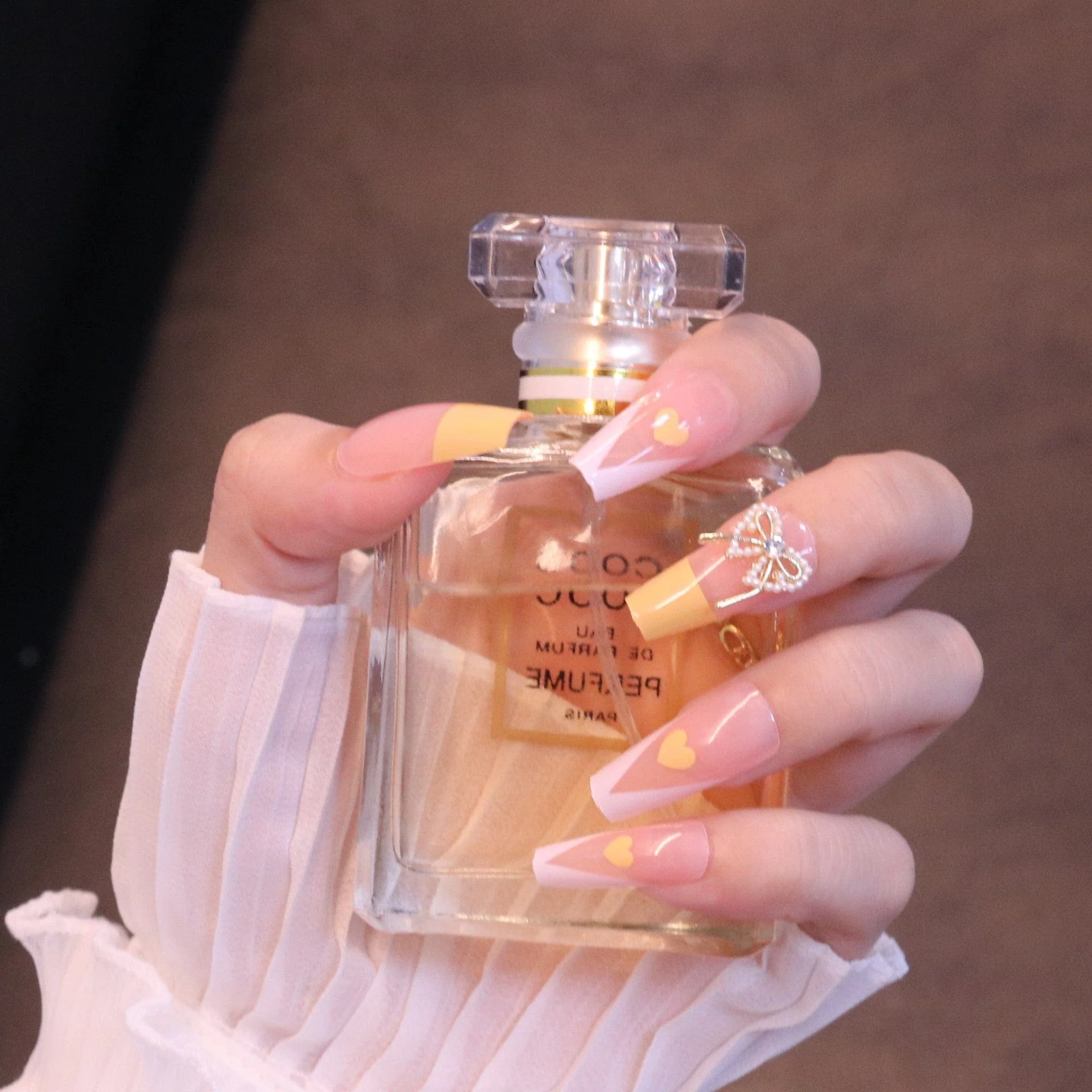 Long Square Yellow French Tip Press On Nails with Bow - Image 6