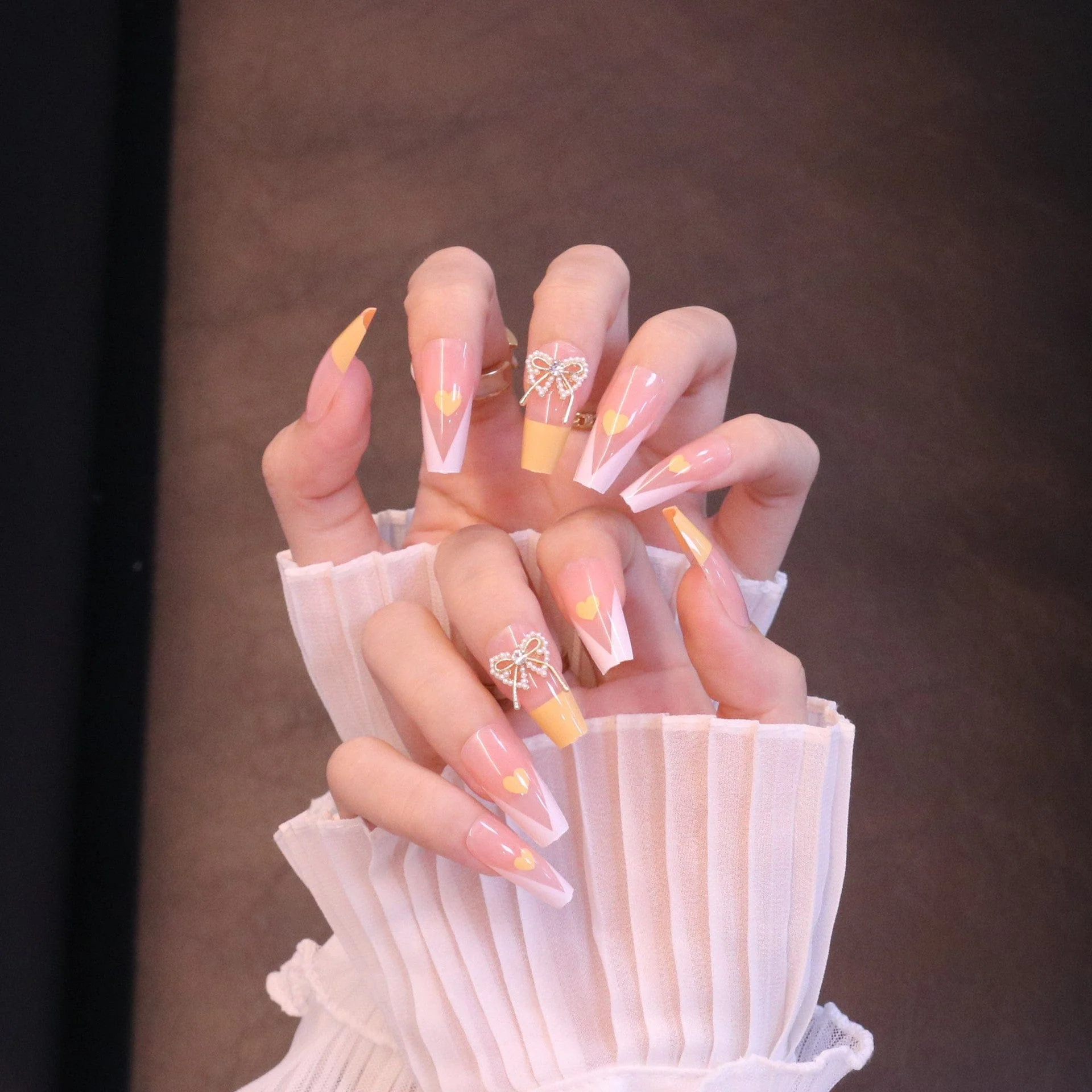 Long Square Yellow French Tip Press On Nails with Bow - Image 7
