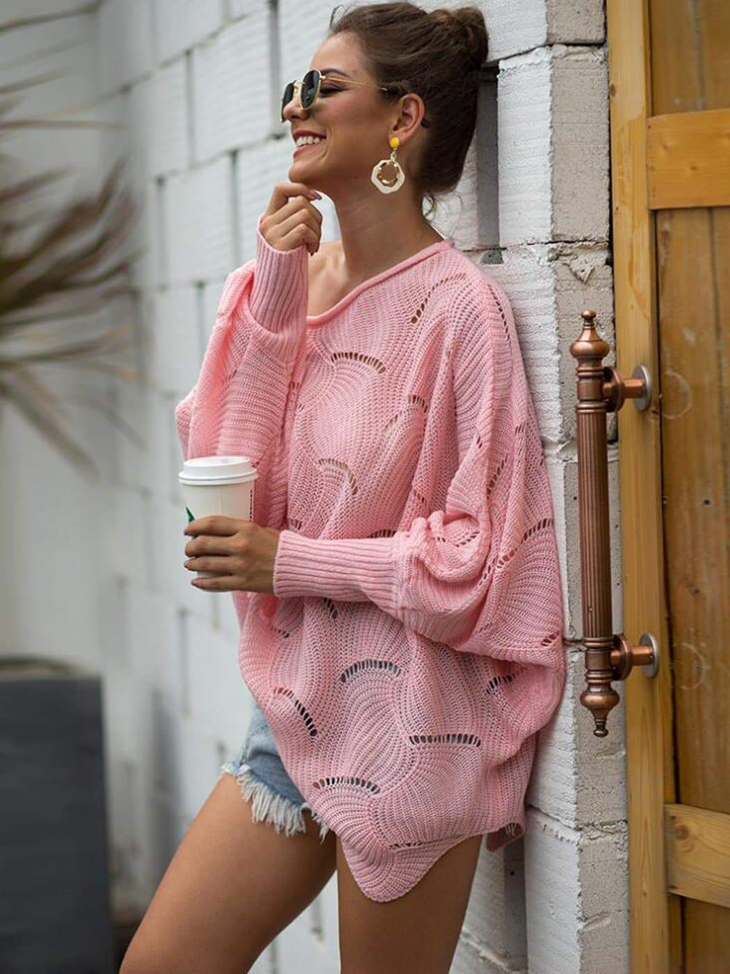 Loose Batwing Sleeve Hollow Out Knit Sweater Top - Image 10