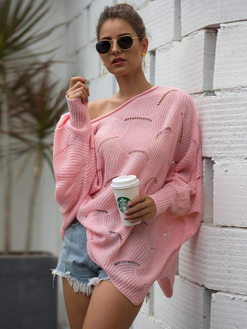 Loose Batwing Sleeve Hollow Out Knit Sweater Top - Image 12