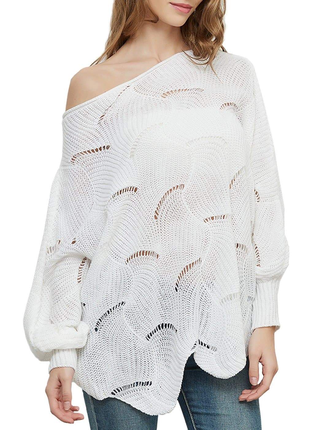 Loose Batwing Sleeve Hollow Out Knit Sweater Top - Image 15