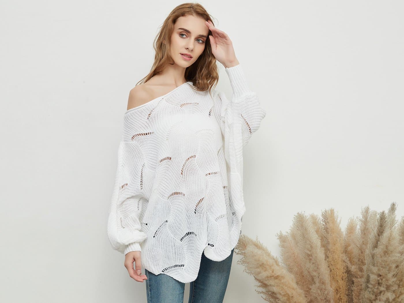 Loose Batwing Sleeve Hollow Out Knit Sweater Top - Image 17