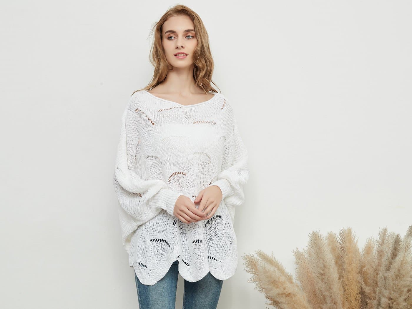 Loose Batwing Sleeve Hollow Out Knit Sweater Top - Image 18