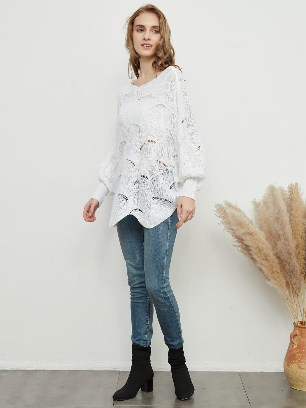 Loose Batwing Sleeve Hollow Out Knit Sweater Top - Image 19