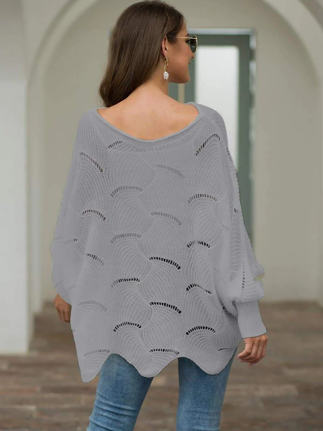 Loose Batwing Sleeve Hollow Out Knit Sweater Top - Image 2