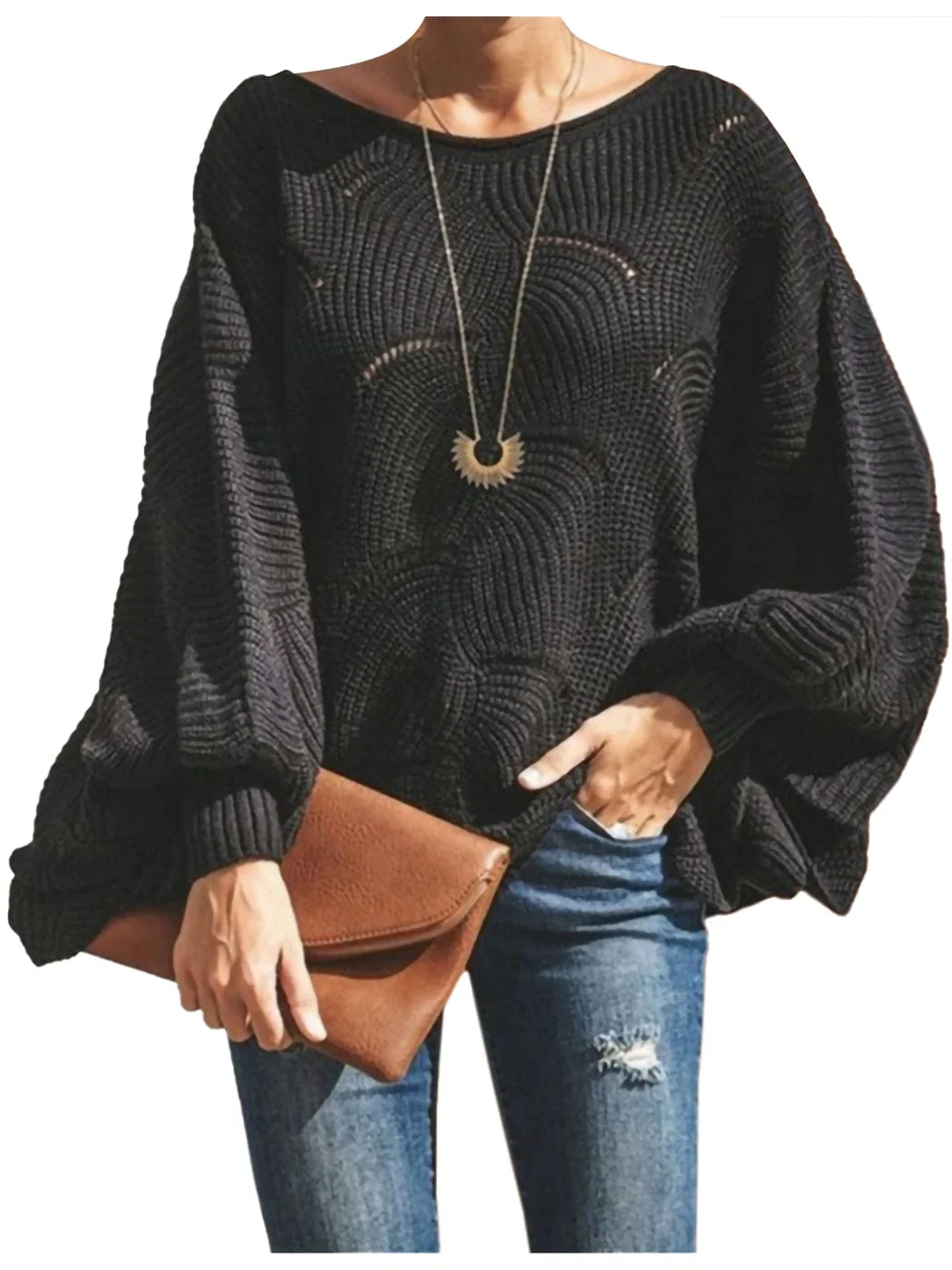 Loose Batwing Sleeve Hollow Out Knit Sweater Top - Image 22