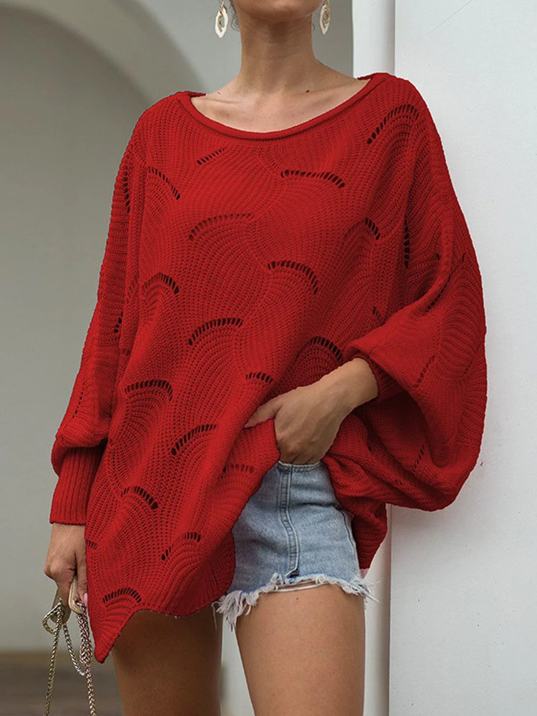 Loose Batwing Sleeve Hollow Out Knit Sweater Top - Image 28