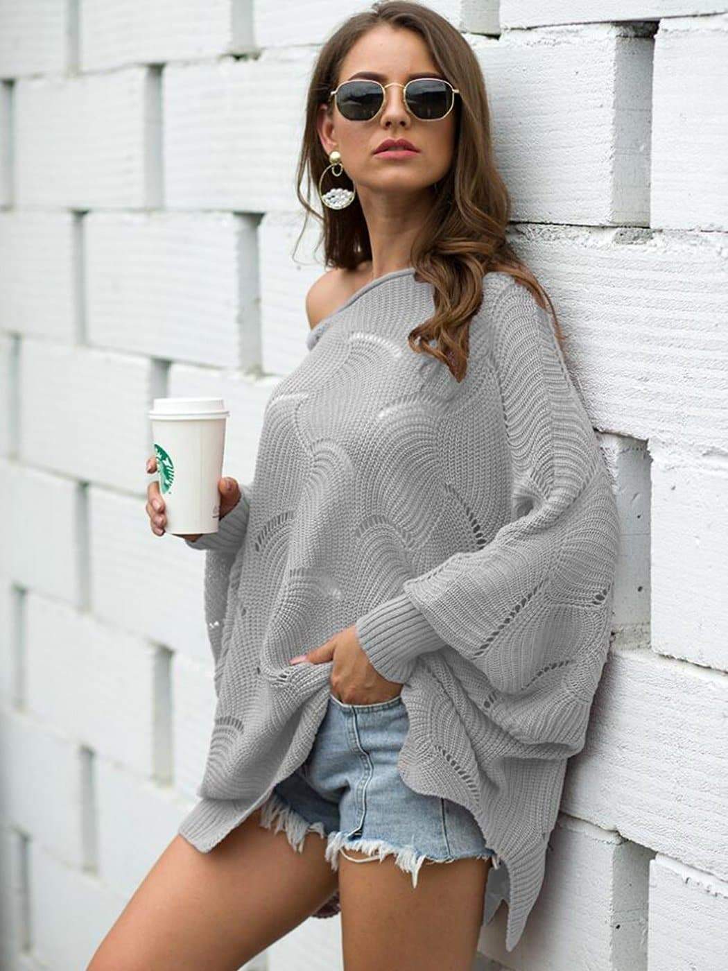 Loose Batwing Sleeve Hollow Out Knit Sweater Top - Image 3