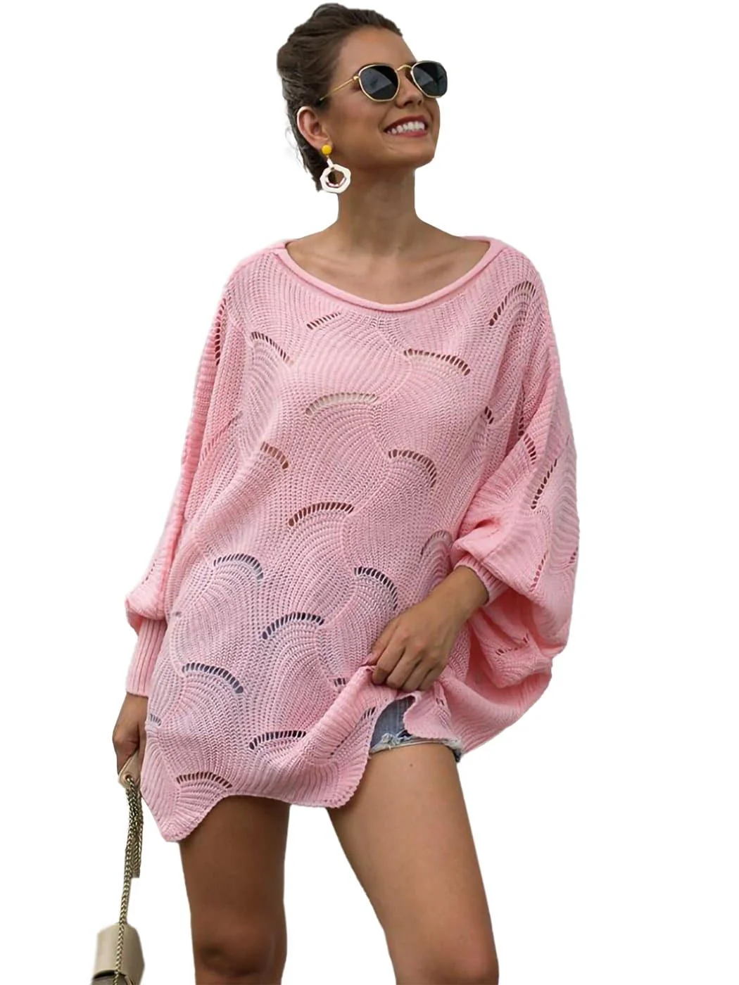 Loose Batwing Sleeve Hollow Out Knit Sweater Top - Image 8