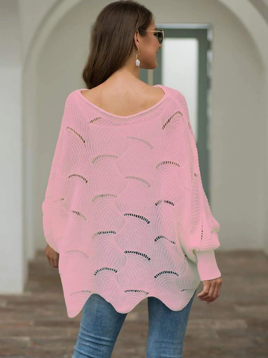 Loose Batwing Sleeve Hollow Out Knit Sweater Top - Image 9
