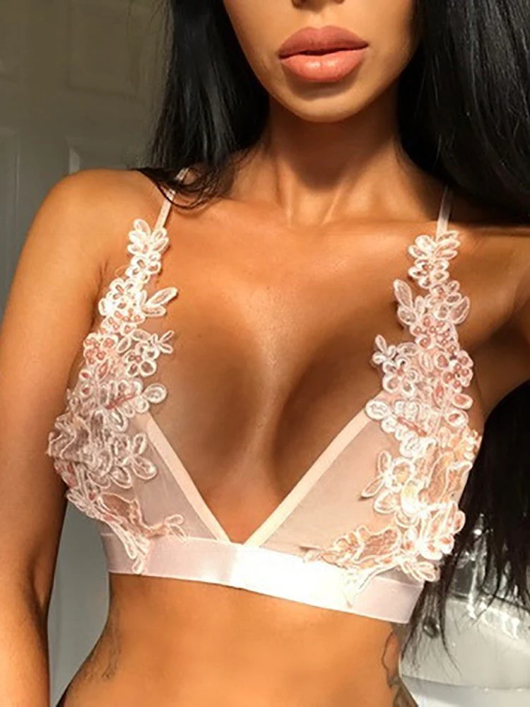 Low Cut Spaghetti Strap Embroidered Bralette Bra Top - Image 2