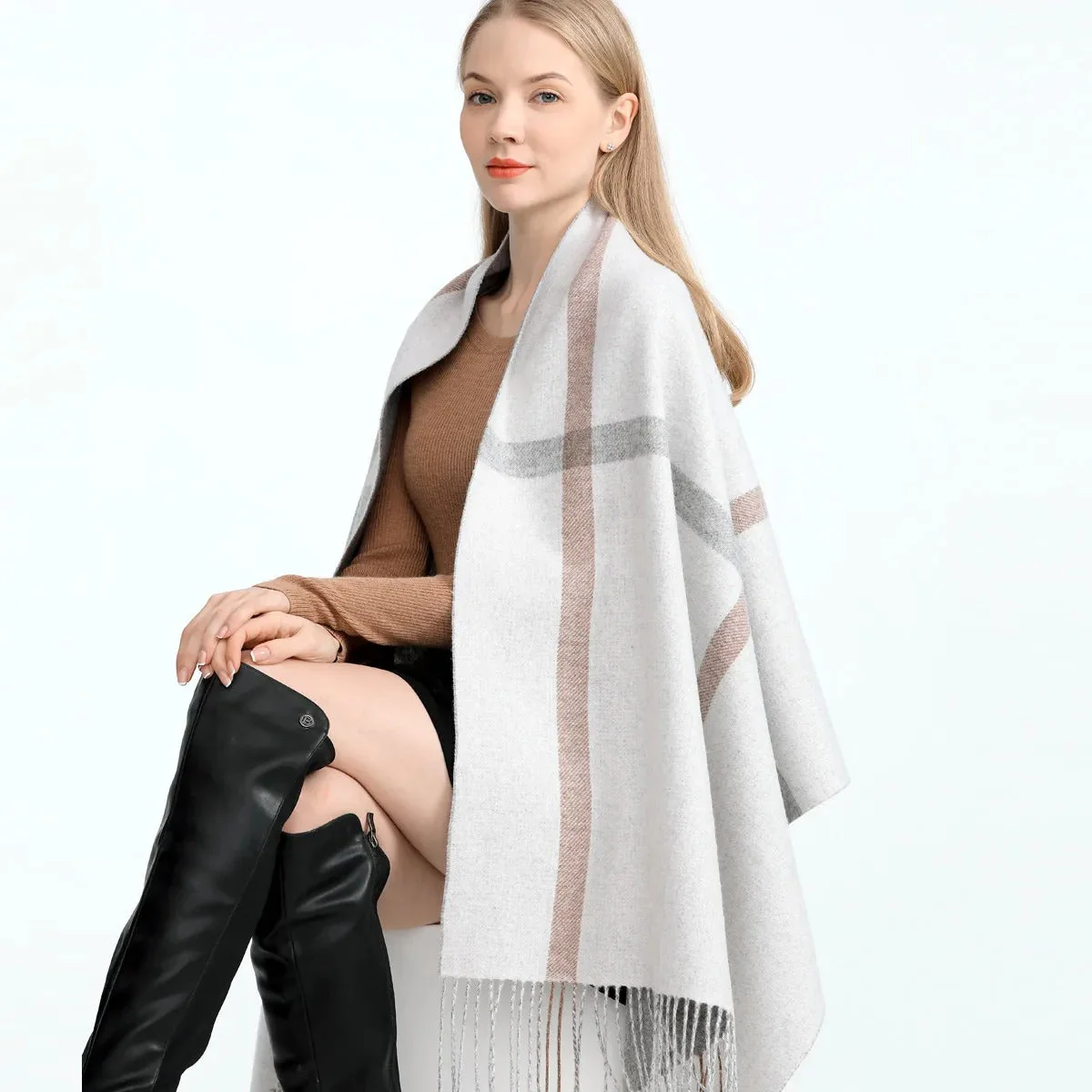 Luxury Plaid Cashmere Scarf for Women â€?Warm Pashmina Shawl with Tassels - Image 3
