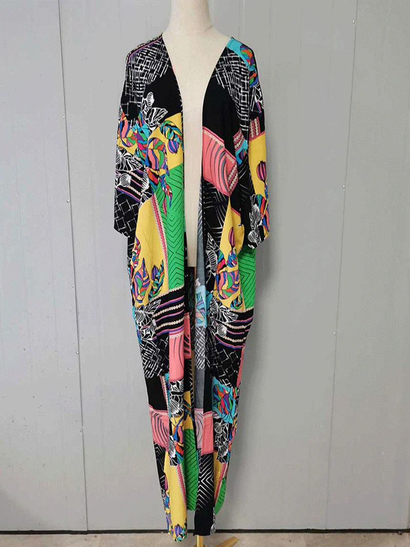Printed Black Color Polyester Long Length Gown Kimono Duster Robe
