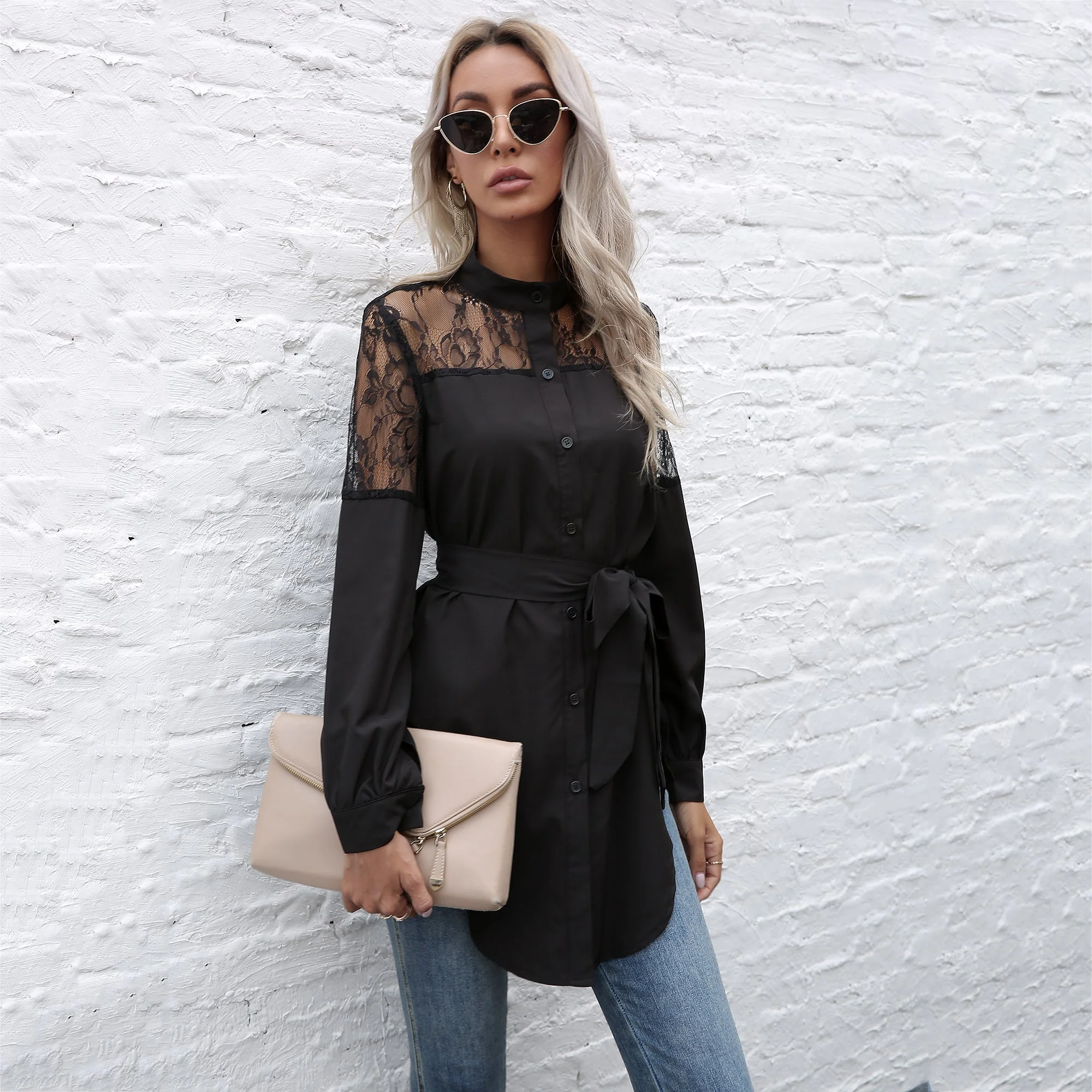 Mandarin Collar Button Down Blouse - Image 19