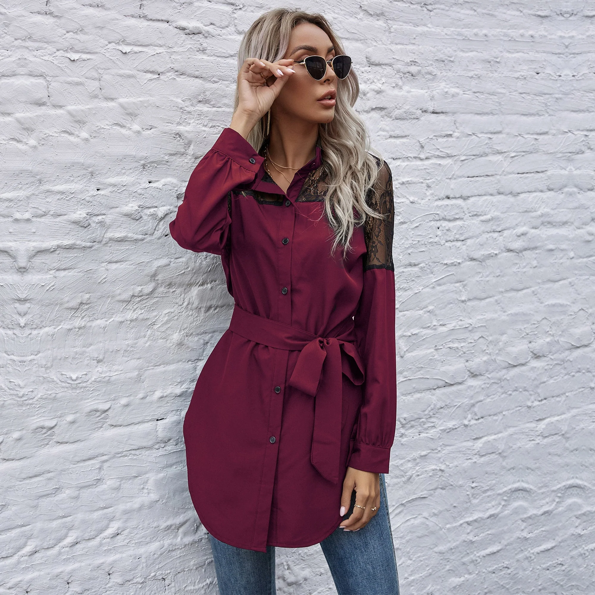 Mandarin Collar Button Down Blouse - Image 31