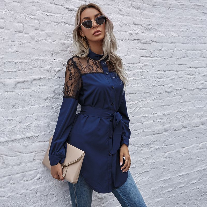 Mandarin Collar Button Down Blouse - Image 32
