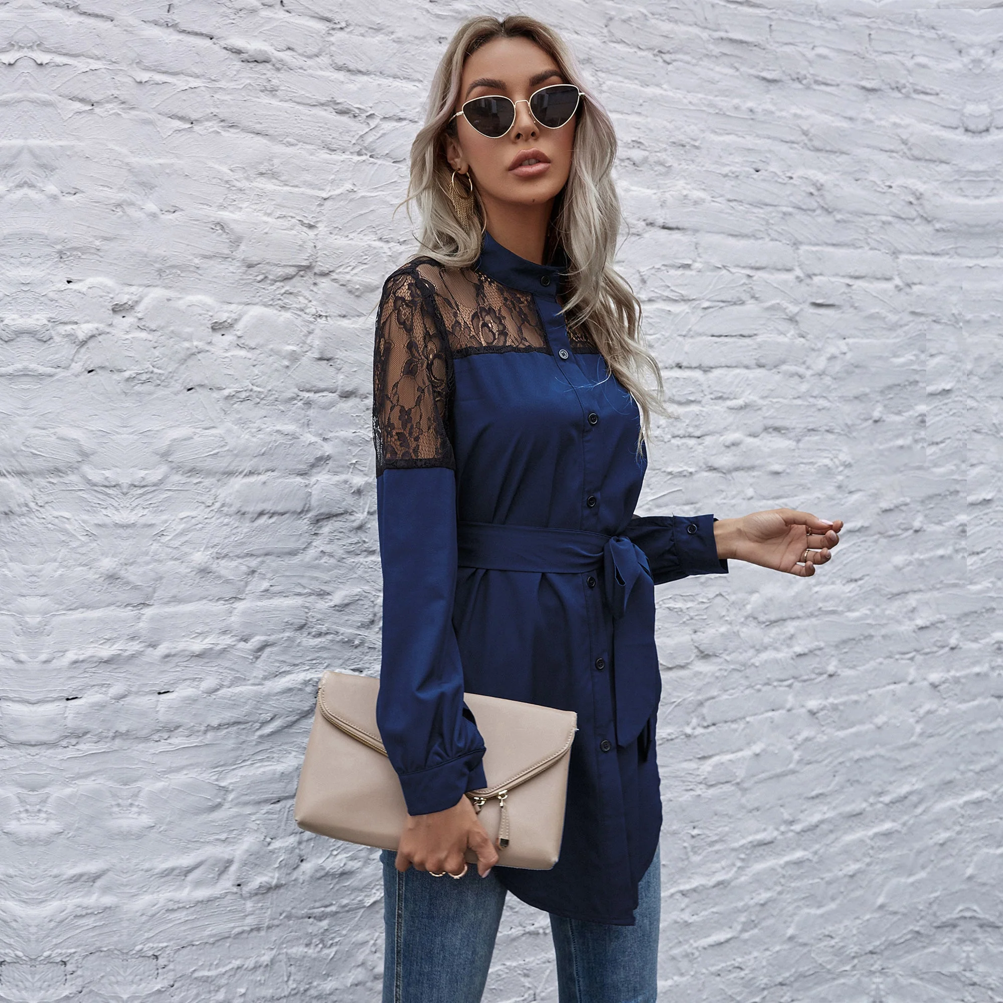 Mandarin Collar Button Down Blouse - Image 40