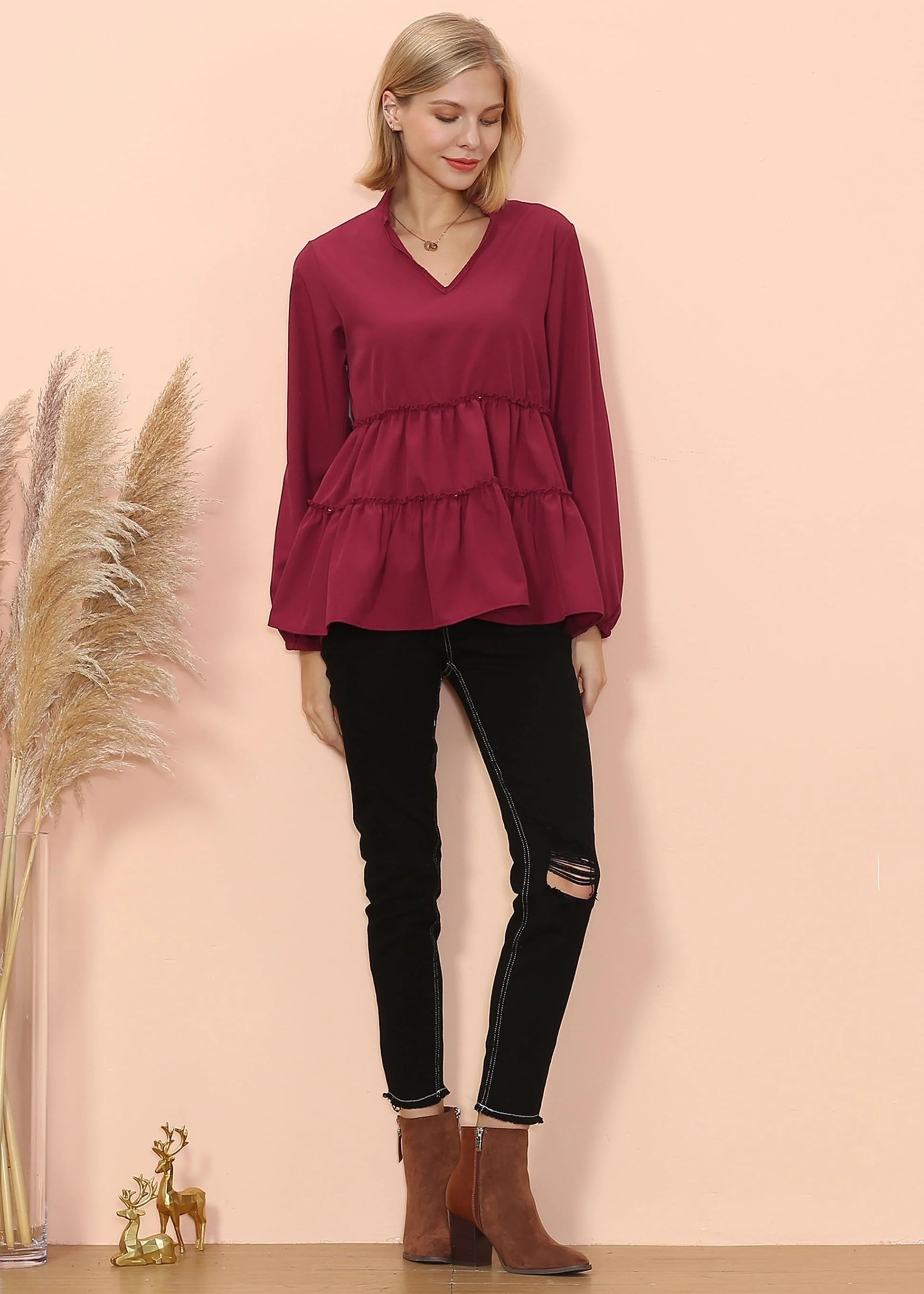 Mandarin Collar Ruffle Hem Blouse - Image 10